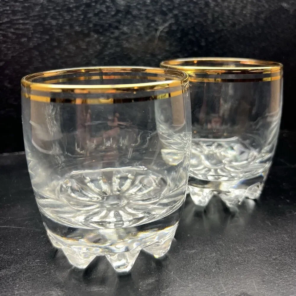 Vintage MCM Old Fashion Rocks Whiskey Glasses Gold Rim Set 2